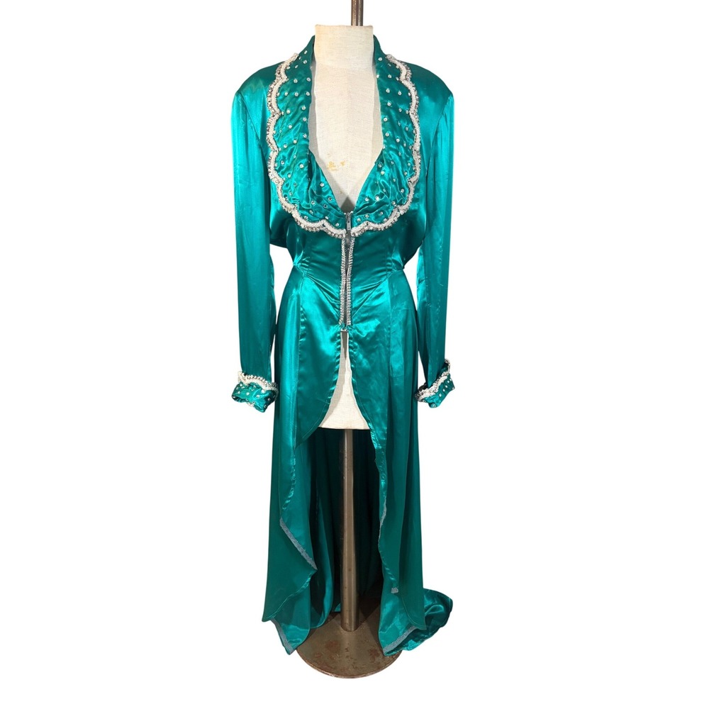VTG Trashy Lingerie Teal Satin Floor Length Robe M Rhinestone Beaded Burlesque